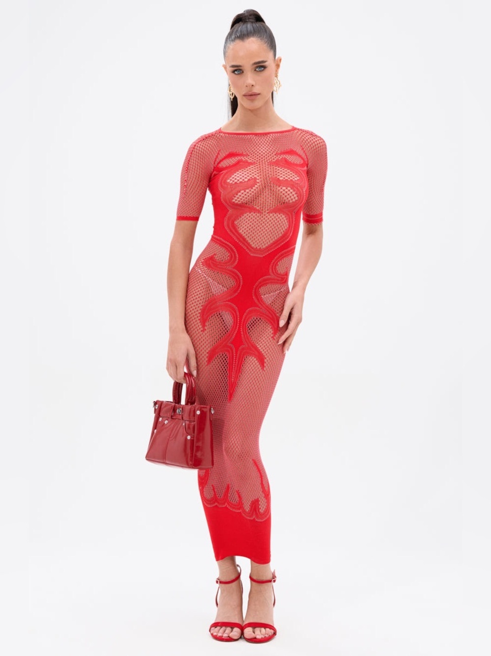 Akira Sexy As Hell Mesh Midi Dress Red Bodycon Cyber Siren Y2K Rave Clubwear S/M